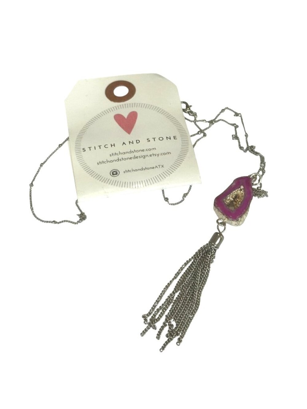 Stitch And Stone Pink Geode Pendant Necklace With Tassel  30" Silver Tone Chain